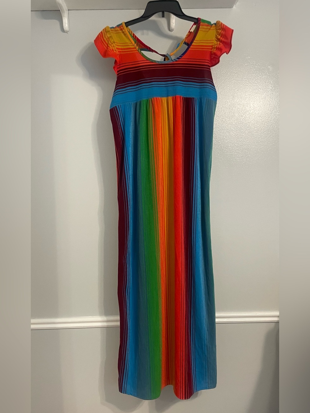 VTG 70s Rainbow Stripe Terry Cloth Maxi Dress Boho Coverup